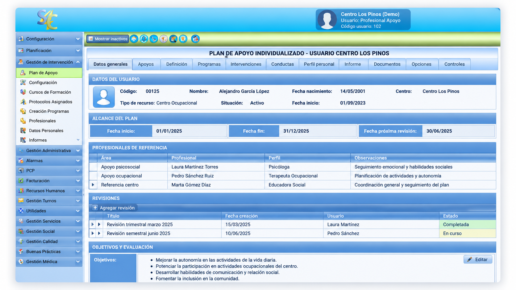 Captura ilustrativa del plan de apoyo individualizado en software de gestión para centros de discapacidad